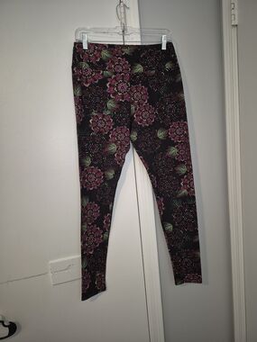 LuLaRoe Size TC Black Floral Patterned Leggings - Pink & Green